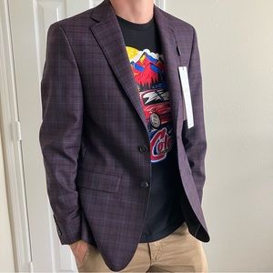 Calvin Klein Mens Slim Fit Berry Plaid Wool Blend Jacket Suit